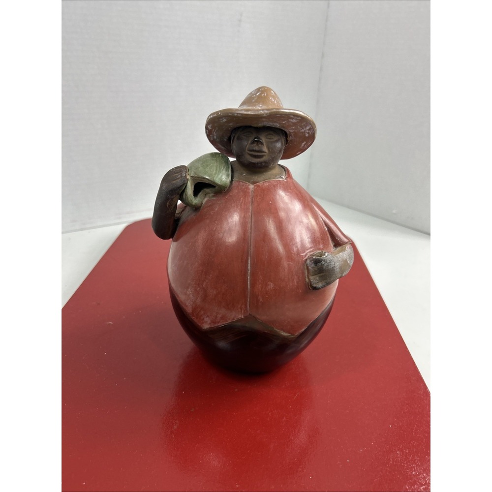 Vintage Peru Folk Art Pottery Man With Fish And Hat Signed Emanuel Adanague